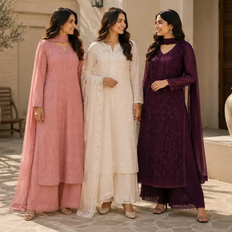 3 Women's Embroidered Kurta Set with Dupatta ( E1 ) in As shown in photos