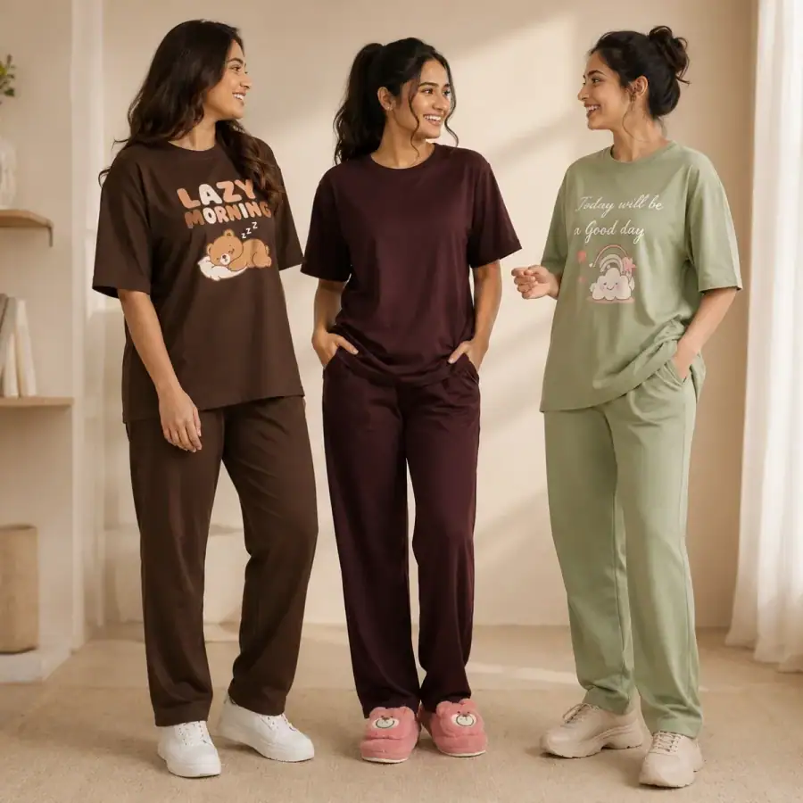 3 Women's Cotton T-shirts + Bottom | Combo (S-6) in As shown in photos