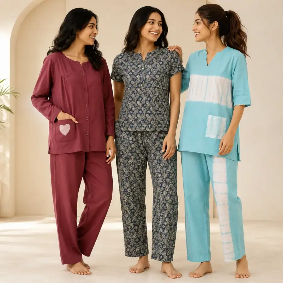 3 Printed Cotton Nightwear Set ( P1 ) in As shown in photos