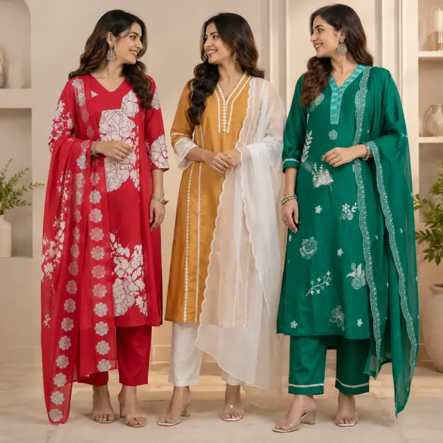 3 Cotton Kurti Set + Bottom With Dupatta ( K-8 ) in As shown in photos