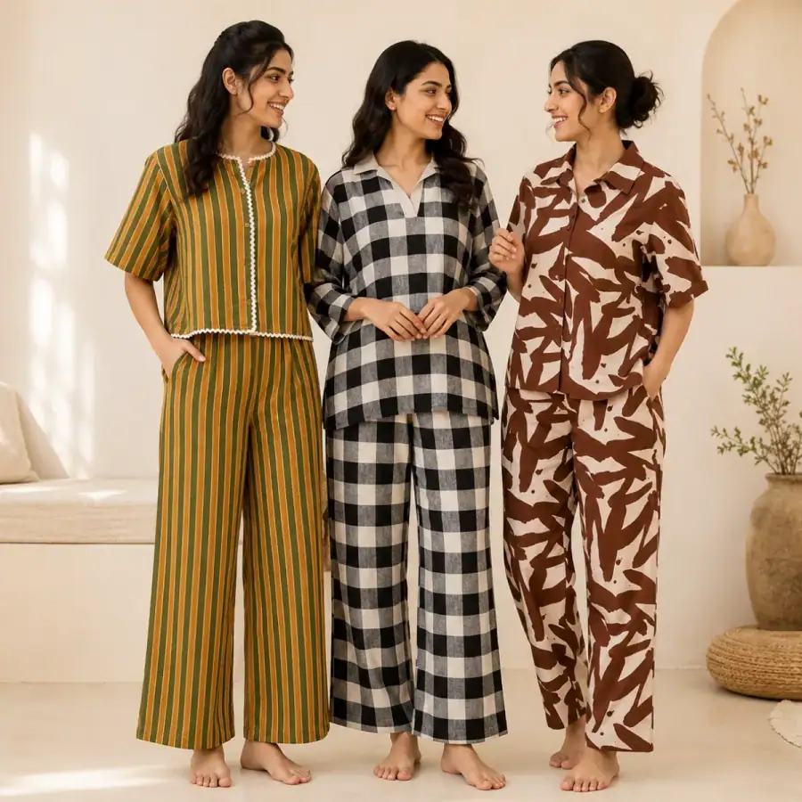 3 Printed Cotton Nightwear Set ( P3 ) in As shown in photos