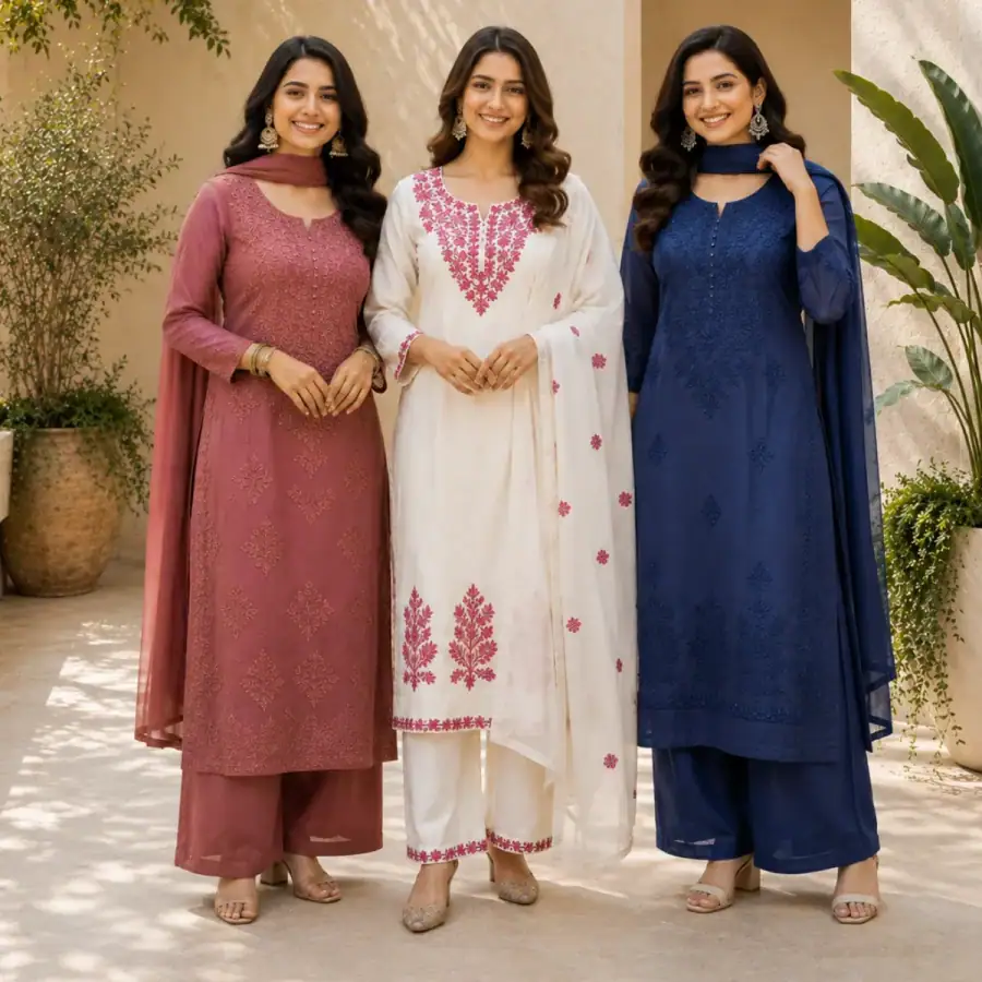 3 Women's Embroidered Kurta Set with Dupatta ( E2 ) in As shown in photos