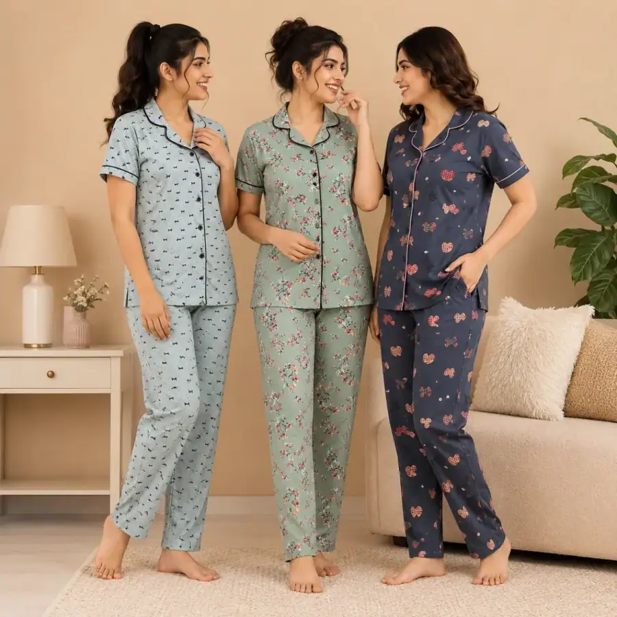 3 Cotton Night Suit For Women (N-6) in As shown in photos
